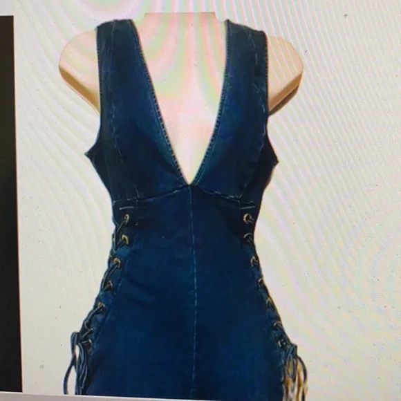 C’est Toi Dark Blue Jean Jumpsuit with Ties - Picture 3 of 12